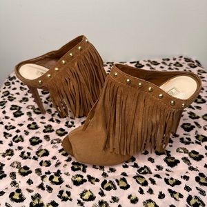 Guess Fringe Mule Heels Suede Studded Tan
